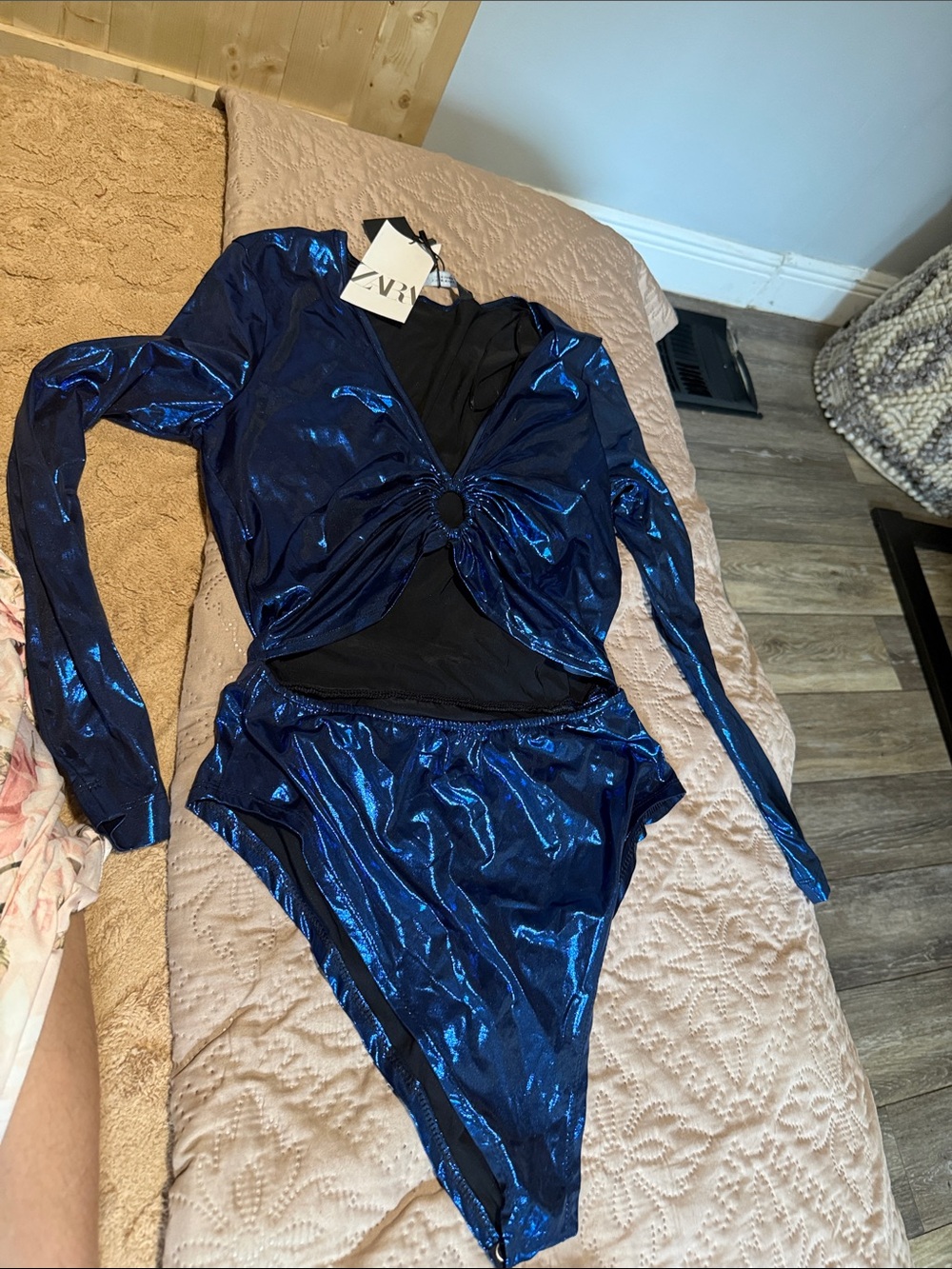 Zara Shimmery Royal Blue Long-Sleeve Twist Bandeau Bodysuit